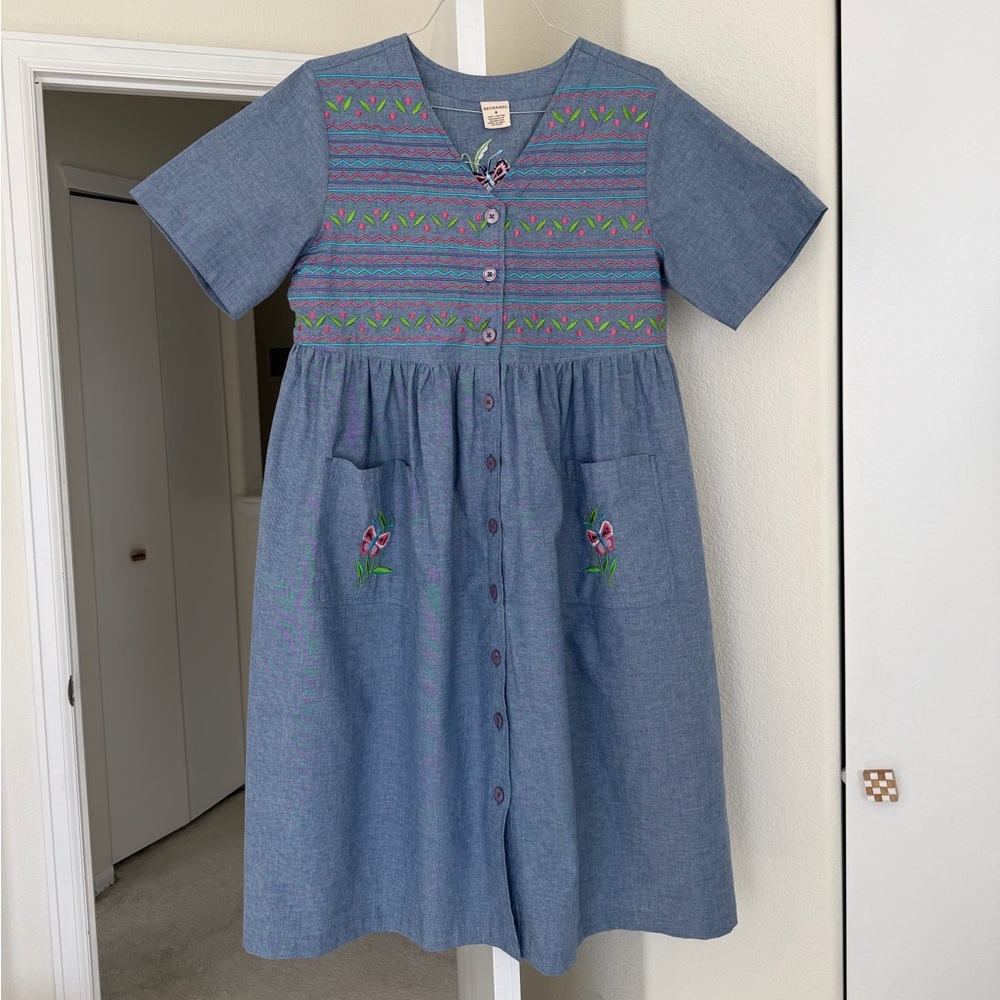 Bechamel Denim Midi Dress with Embroidery Button Front Vintage Size Medium